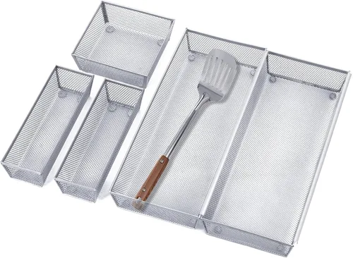 Miniatura 10 de Neudeco Juego de 5 organizadores de cajones, bandeja organizadora de cubiertos de 4 compartimentos + 4 bandejas de utensilios, organizador de Negro