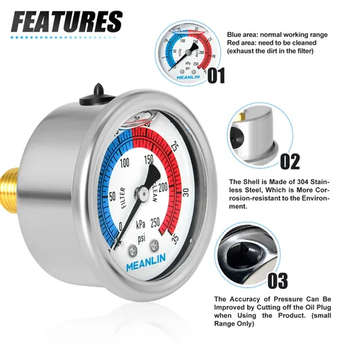 Miniatura 5 de MEANLIN MEASURE 1/4" NPT 0-35psi Manómetro de presión, 2" Dial Filtro de piscina lleno de glicerina, carcasa de acero inoxidable 304, montaje
