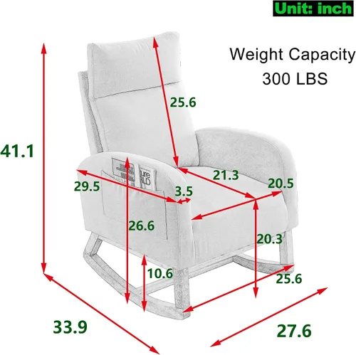 Miniatura 2 de Mecedora para guardería con patas de madera maciza, silla deslizante para guardería con dos bolsillos laterales, sillón mecedor para sala de estar
