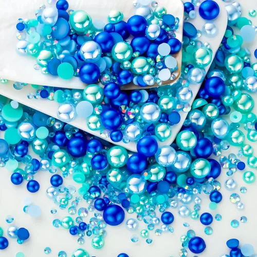 Miniatura 48 de 60g de Perlas Acuamarina Dorada con Diamantes de Imitación para Manualidades Tamaño Mixto 3mm-10mm Color AB Redondas Perlas Medias Planas Conjunto