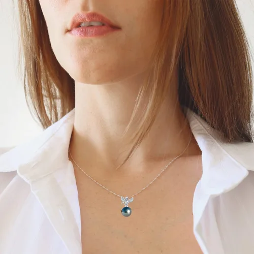 Miniatura 4 de Nonnyl Collares de perlas negras para mujer con auténtico colgante de perlas cultivadas de Tahití real de calidad AAAA con diseño de ángeles, collar