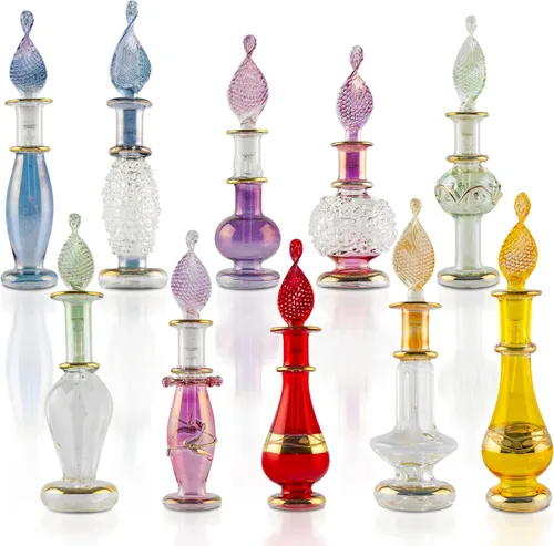 CraftsOfEgypt Genie - Botellas de perfume en miniatura de vidrio soplado para perfumes y aceites esenciales, juego de 10 frascos decorativos, cada