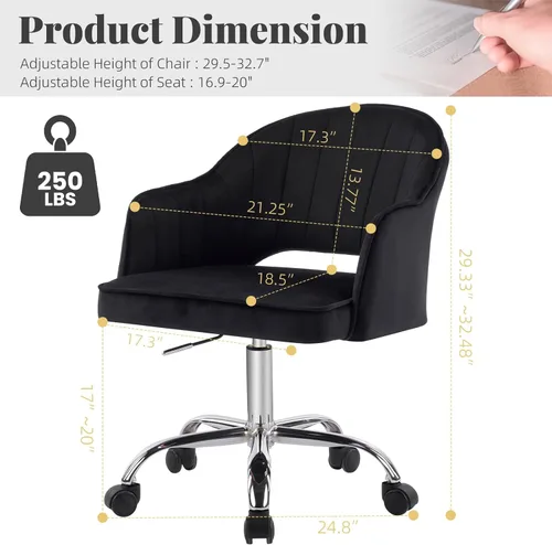 Miniatura 2 de MOJAY Silla de tocador moderna con ruedas, silla de oficina en casa de terciopelo recortado de respaldo medio, asiento suave giratorio de altura