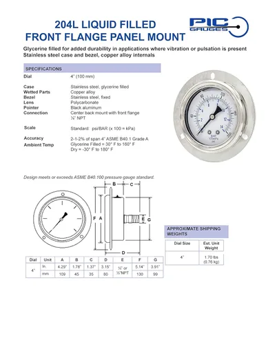Miniatura 5 de PIC Gauges 204L-404F Manómetro de presión relleno de glicerina con brida frontal con carcasa SS/bisel, internos de latón, lente de PC, esfera de 4
