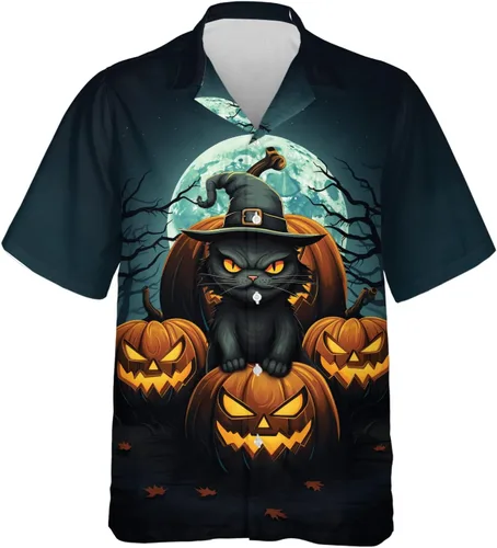 Miniatura 8 de Camisa hawaiana de gato negro para hombre, camisa de noche de Halloween, camisa de manga corta con botones (MP_HW_66)