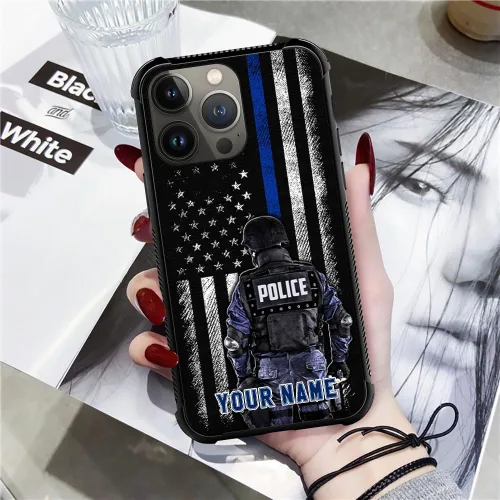 Miniatura 3 de DJSOK Funda para teléfono personalizado con nombre personalizado de la bandera estadounidense de policía para iPhone 16/15/14/13 12 11 Pro Bandera