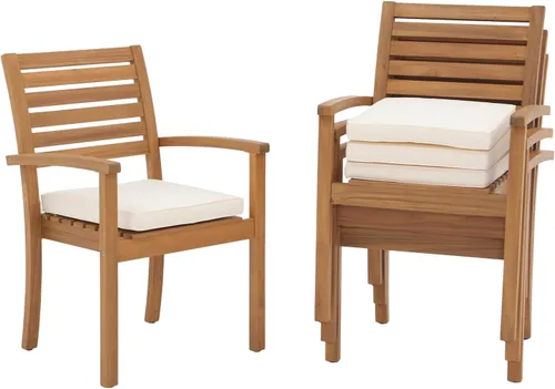 Miniatura 13 de OC Orange-Casual Juego de 2 sillas de comedor apilables para patio, sillas de madera de acacia para exteriores con reposabrazos y cojín de tela Beige