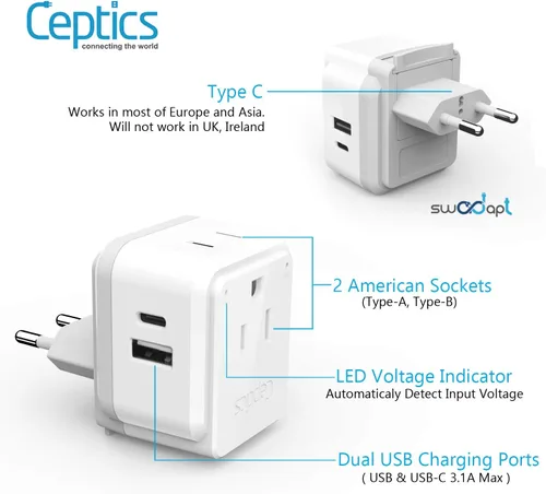 Miniatura 6 de Ceptics Adaptador de Enchufe de Corriente Internacional Juego de Viaje, 20W PD y QC, USB Dual Seguro y USB-C 3.1A - 2 Tomas de EE.UU. - Compacto