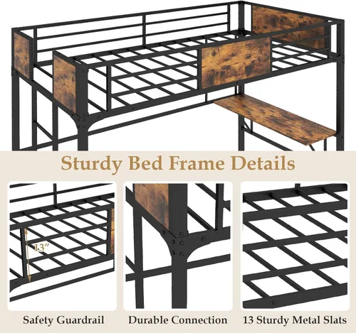 Miniatura 6 de Giantex Cama alta de metal tamaño individual con escritorio y estante de almacenamiento, marco de cama alta resistente con escalera integrada