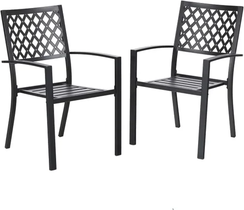 Miniatura 12 de PHI VILLA Juego de 2 sillas apilables de hierro forjado para patio, sillas de metal portátiles negras para exteriores, soporta 300 libras, ideal