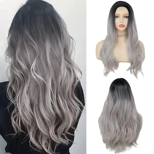 Miniatura 12 de Tseses Pelucas largas y onduladas de color azul degradado para mujer, pelucas de cabello sintético con raíces oscuras, cosplay, fiesta de Halloween