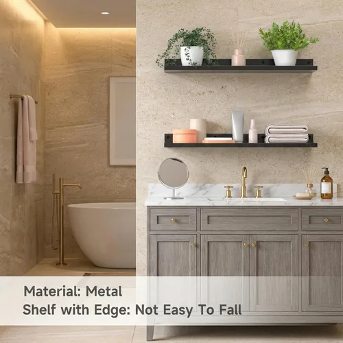 Miniatura 4 de Paquete de 3 estantes flotantes de metal, estante grande montado en la pared de 17 x 6 pulgadas para almacenamiento, estantería negra para niños