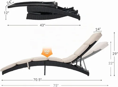 Miniatura 2 de Grand patio Sillón de mimbre para exteriores de 4 posiciones ajustable plegable de aluminio para patio, tumbona con cojín beige
