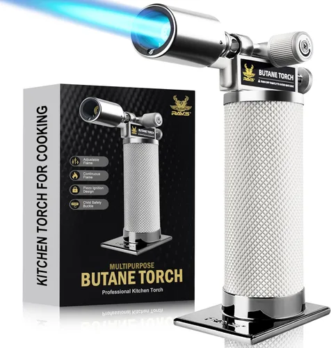 Miniatura 13 de RAVS Encendedor de butano, soplete de cocina recargable con llama ajustable y hebilla de seguridad, mini linterna de metal premium para hornear