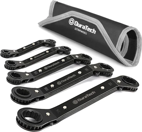 DURATECH Juego de 5 llaves de trinquete reversibles de extremo de caja de doble desplazamiento, SAE, resistente, cromadas mate, llave de trinquete