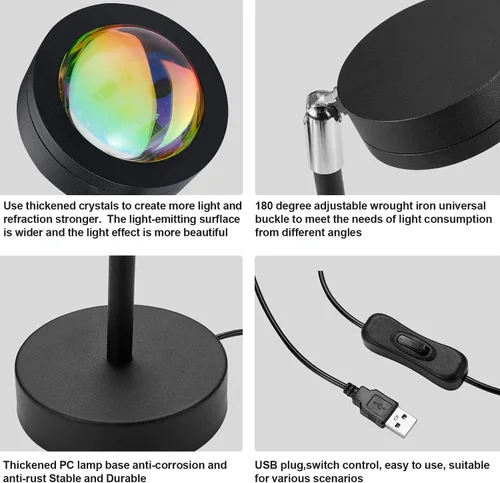 Miniatura 3 de Lámpara de puesta de sol, proyección LED, rotación de 180 grados, lámpara de proyección de arco iris USB, luz nocturna, proyector romántico