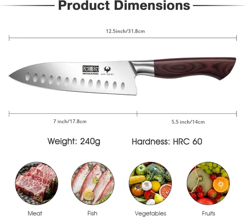 Miniatura 2 de HOSHANHO Santoku - Cuchillo de cocina profesional de acero inoxidable de alto carbono de 7 pulgadas, cuchillo de cocina súper afilado con mango