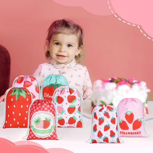 Miniatura 5 de Kajaia 24 bolsas de regalo con cordón de fresa a granel de 7.1 x 5.1 pulgadas, pequeñas bolsas de poliéster para dulces, bolsas de regalo de fresa