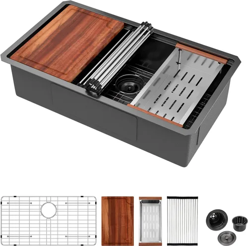Miniatura 34 de Logmey Fregadero de cocina de montaje inferior de 33 pulgadas 33x19 Fregaderos de acero inoxidable SUS304 calibre 16 hechos a mano de un solo