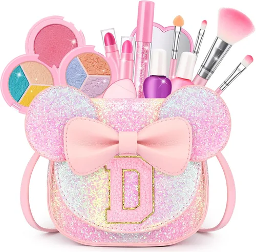 Miniatura 24 de Kit de maquillaje para niñas – Juego de maquillaje lavable real de 15 piezas – Cosmético no tóxico para niños pequeños con bolso de letras – Regalos
