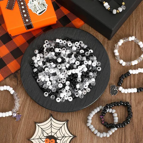Miniatura 4 de UPINS 1200 piezas Cuentas de pony negras y blancas, cuentas de pony de Halloween a granel para manualidades de cabello cuentas de plástico Negro