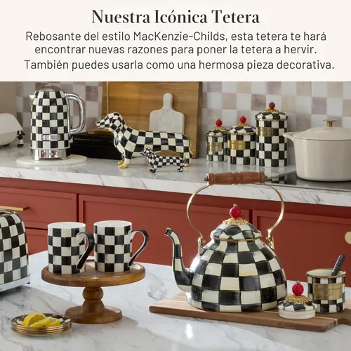 Miniatura 2 de MACKENZIE-CHILDS Tetera esmaltada, elegante tetera para estufa, cuadros cortesanos en blanco y negro, 3 cuartos de galón color fantasía