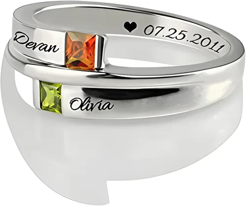 Miniatura 2 de GSBSCSM Anillo de plata de ley 925 con doble piedra cuadrada grabada, 2 piedras natalicias, anillos de compromiso para mujer