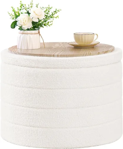 Miniatura 9 de B FSOBEIIALEO Otomana con Almacenamiento, Taburete Otomano de Almacenamiento Redondo Sherpa, Reposapiés Boucle 14.6"x14.6"x17.7" (Beige)
