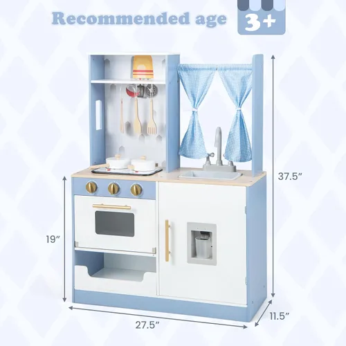 Miniatura 7 de INFANS Juego de cocina para niños, juego de cocina de madera con estufa, fregadero, microondas, armario de almacenamiento, juego de juguetes