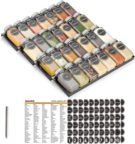 SpaceAid Organizador de cajón para especias con 28 frascos de especias, 386 etiquetas de especias, bandeja insertable de estante para condimentos de
