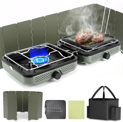 Miniatura 15 de Hisencn Estufa de campamento, estufa de campamento de propano de 2 quemadores, plancha dual, estufa de propano portátil de 30,000 BTU con bolsa