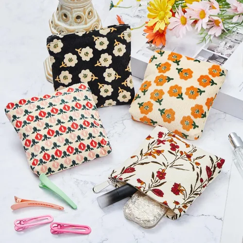 Miniatura 3 de Abbylike 4 piezas de bolsa de maquillaje floral, bolsa de cosméticos de pana con cremallera, pequeñas bolsas portátiles para bolso, mini bolsa