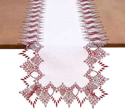 Miniatura 10 de Camino de mesa de lino de encaje rojo oscuro blanco de 36 pulgadas de largo, bufanda de aparador claret, decoración de mesa para Navidad, cocina