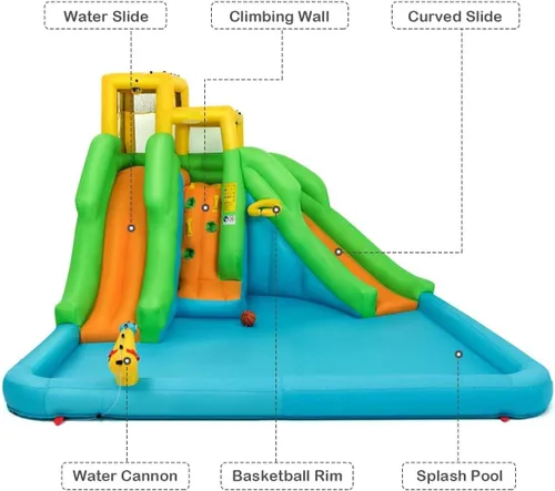 Miniatura 4 de OLAKIDS Tobogán acuático inflable, casa de rebote 6 en 1 con 2 toboganes, pared de escalada, piscina de salpicaduras, borde de baloncesto, pistola