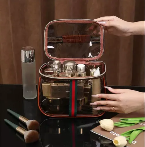 Nueva bolsa de tocador retro vintage, organizador de maquillaje transparente con asa, bolsa organizadora de maquillaje impermeable de gran capacidad