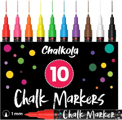 Chalkola Marcadores de tiza de punta extra fina para pizarra (punta de 0.039 in, paquete de 10 unidades), borrado en húmedo, bolígrafos de tiza