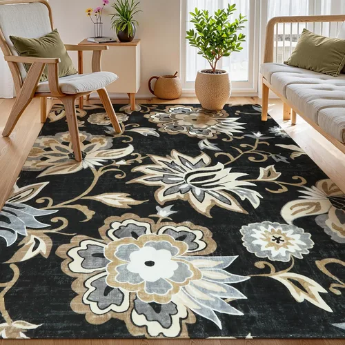 Miniatura 47 de Lahome - Tapete floral con estampado de cachemira, lavable, antideslizante, pequeño, anti-manchas, suave, para baño, entrada, dormitorio, Negro