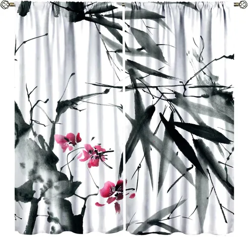 Miniatura 38 de Cortinas con estampado de bambú verde natural, plantas asiáticas, japonesas, tallos rústicos, hojas, cortina de selva con bolsillo para cortinero