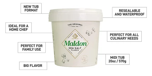 Miniatura 5 de Maldon Sal, copos de sal marina, tina resellable, Kosher, natural, artesanal, gourmet, cristales piramidales, 20 oz (570 g) paquete de 2