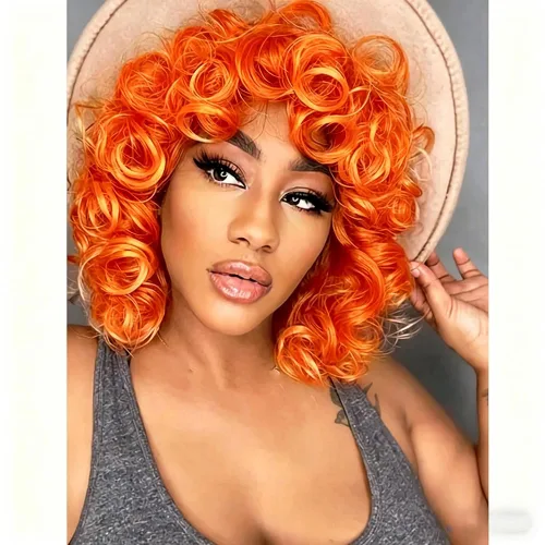 Miniatura 12 de Curly Wigs for Black Women Short Curly Wig with Bangs Soft Bouncy Fluffy Small Curls Heat Resistant Synthetic Wig for Daily Party Use Ombre Brown 14