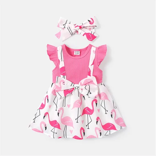 Miniatura 6 de PATPAT Vestido para bebé recién nacida, manga con volantes, vestido con tirantes y diadema con lazo, talla 3M-3T