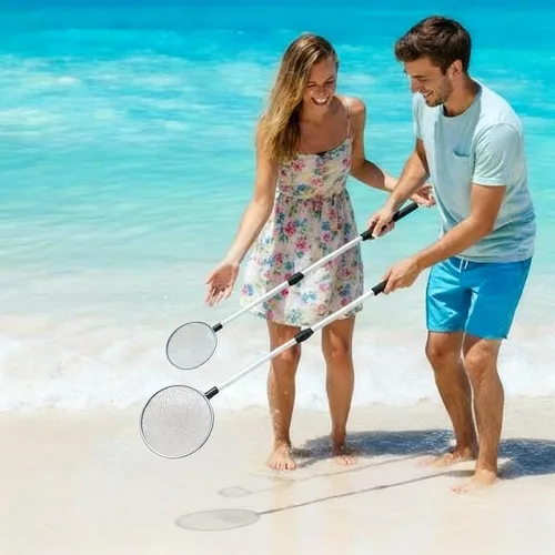 Miniatura 5 de Roshtia 2 piezas de tamiz de arena para la playa, pala de arena ajustable de 22-33 pulgadas/17-36 pulgadas, pala de arena con mango largo retráctil