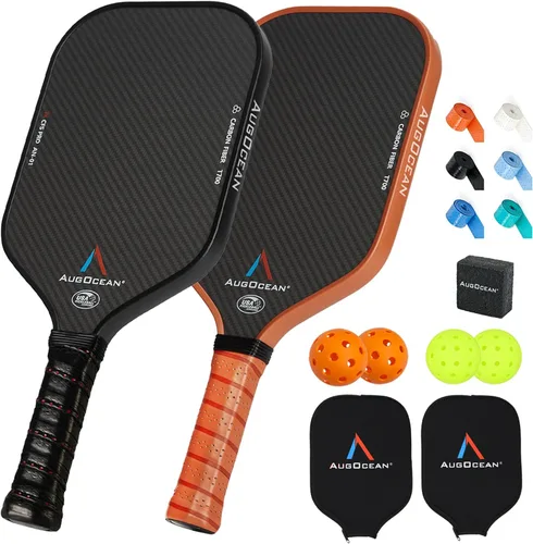 Juego de 2 paletas de pickleball, juego de paletas de pickleball de carbono Pro, superficie de fibra de carbono 3K cruda con grano alto y giro,