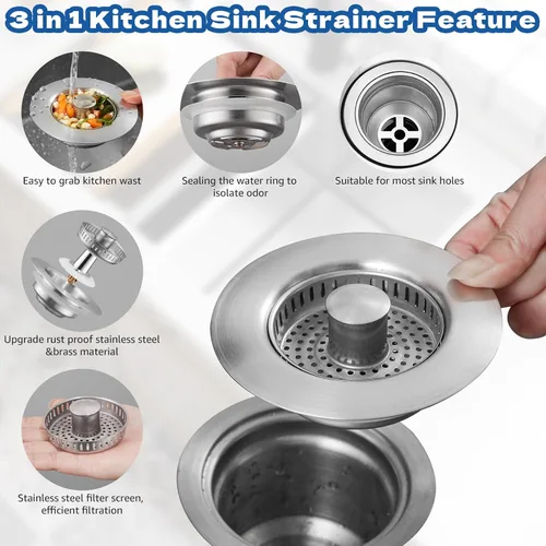Miniatura 4 de pollock SUS304 - Tapón de drenaje para fregadero de cocina 4 en 1, tapón de acero inoxidable con cesta coladora, tapón antiobstrucción