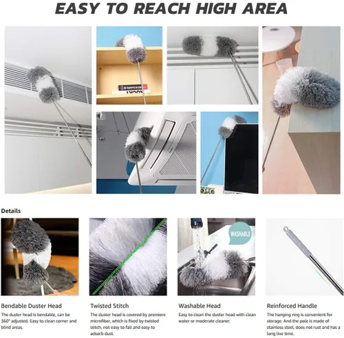 Miniatura 7 de BOOMJOY Plumero de microfibra con poste extensible y cabezal flexible, plumero telescópico de 100 pulgadas para limpiar techo, ventilador, muebles