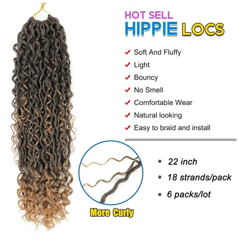 6 paquetes de cabello sintético rizado de Locs Crochet de 22 pulgadas, cabello de ganchillo estilo diosa, trenzas hippie sintéticas, extensiones de