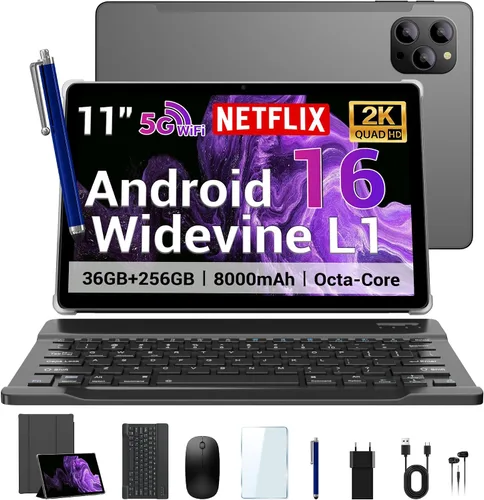 Tablet Android 16 Slim 2025 de 11 pulgadas con teclado, lápiz óptico y mouse, 2K IPS Widevine L1, 36 GB de RAM 256 GB (1 TB TF), 8000 mAh, T615 8