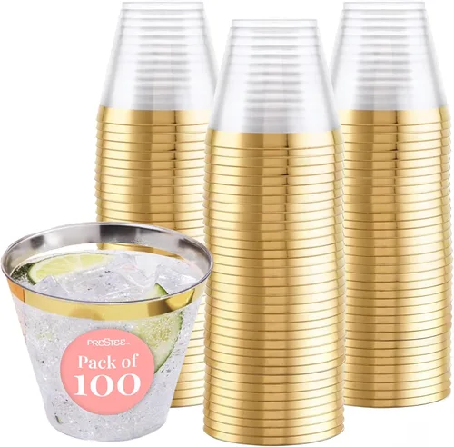 Prestee Paquete de 100 vasos de plástico desechables con borde dorado de 9 onzas para embutidos, bodas, fiestas y eventos, elegantes tazas de cóctel