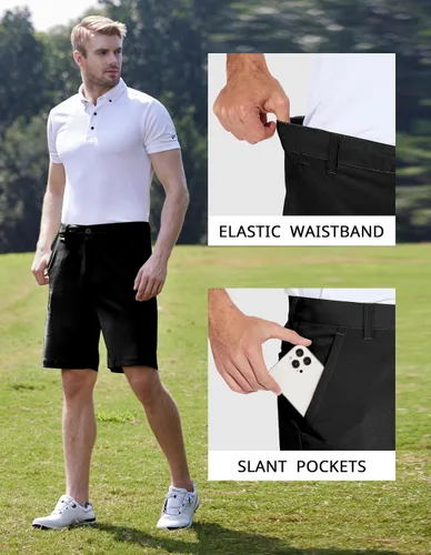 Miniatura 4 de PULI Vestido corto de golf elástico para hombre, de secado rápido, casual, ligero, frente plano, de 10 pulgadas, pantalones cortos híbridos