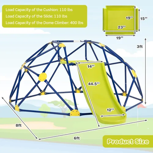 Miniatura 5 de Costzon Cúpula de Escalada con Columpio, Gimnasio de Selva de 10 Pies para Niños con Barras de Mono, Juguetes de Escalada para Exteriores, Soporta